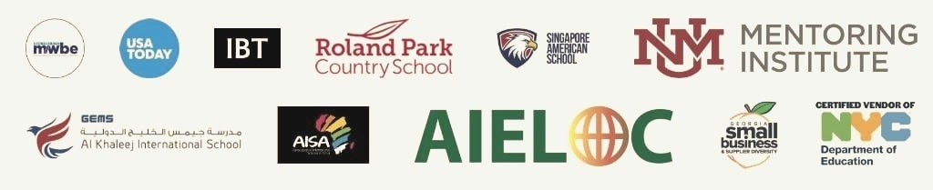 Selected clients and institutional partners including USA Today, IBT, Roland Park Country School, Singapore American School, University of New Mexico, GEMS Al Khaleej International School, AISA, AIELOC, Georgia Small Business, and NYC Department of Education